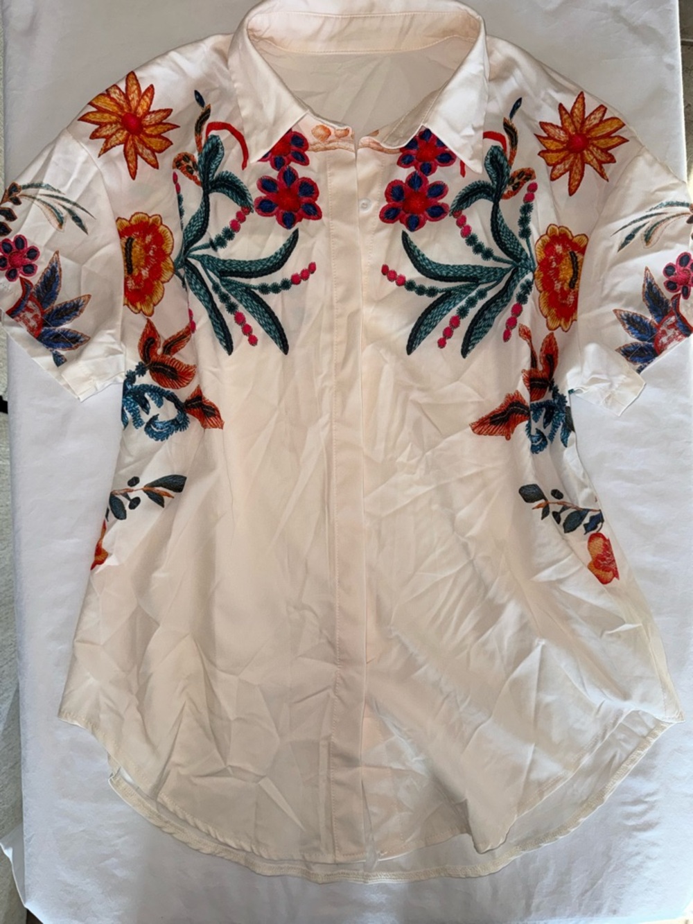 SHEIN White Button-Down Shirt with Multicolor Floral Embroidery